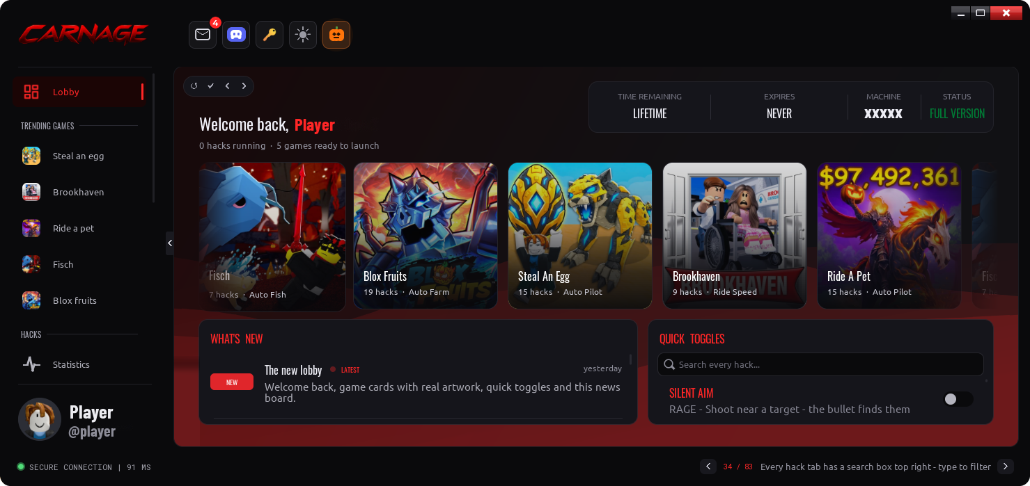 The CARNAGE menu - lobby screen