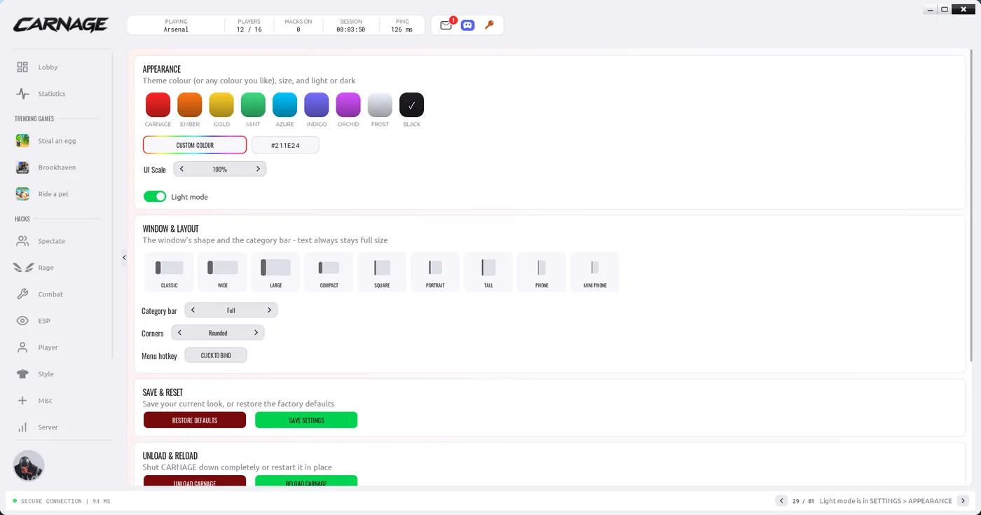 CARNAGE settings in light mode